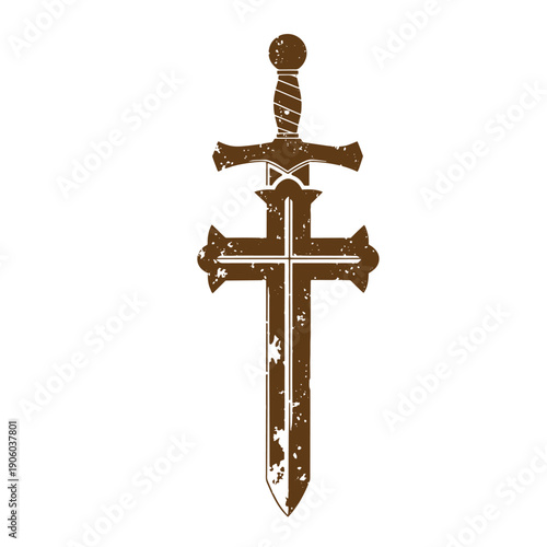 Vintage Grunge Vintage sword with crossshaped hilt and worn design isolated on white background