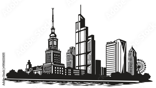 A black and white vector graphic illustration of a city skyline