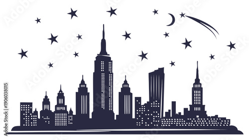 A dark blue silhouette of a city skyline at night with stars