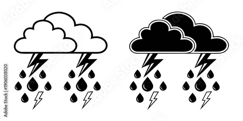 A vector graphic illustration of stormy weather with rain and lightning