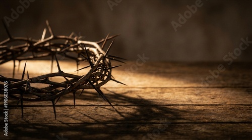 Crown of thorns symbolizing Christ sacrifice on a rustic wood plank. Religious concept for Easter and Lent, showing faith and devotion