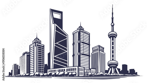 A minimalist vector illustration of a modern city skyline with sleek skyscrapers