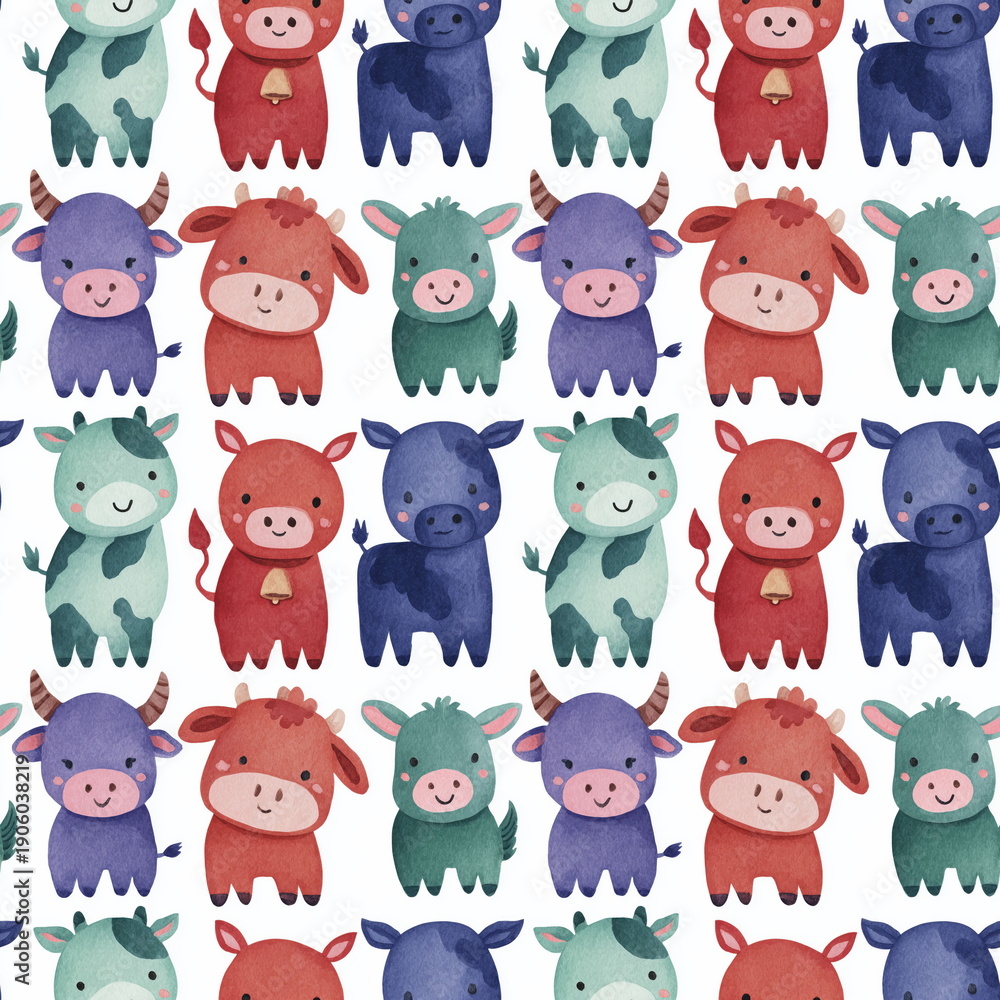 Fototapeta premium Seamless Pattern Cute Comic Farm Animals and Accessories for Kids Nursery Decor in Pastel Colors