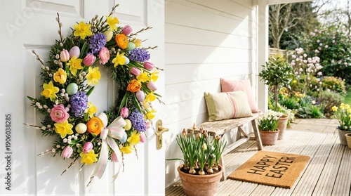 Colorful Easter flower wreath with eggs and ribbon hanging on a white door. Spring holiday decoration for home entry