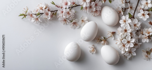 A composition of blossoming branches and pristine white eggs against a backdrop that evoke feelings of freshness and spring season.
