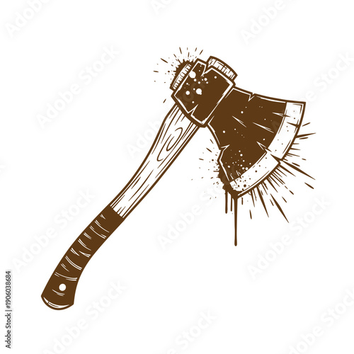 Grunge texture Brown axe with wooden handle and splashing effect on white background  tool for chopping wood Vintage Style