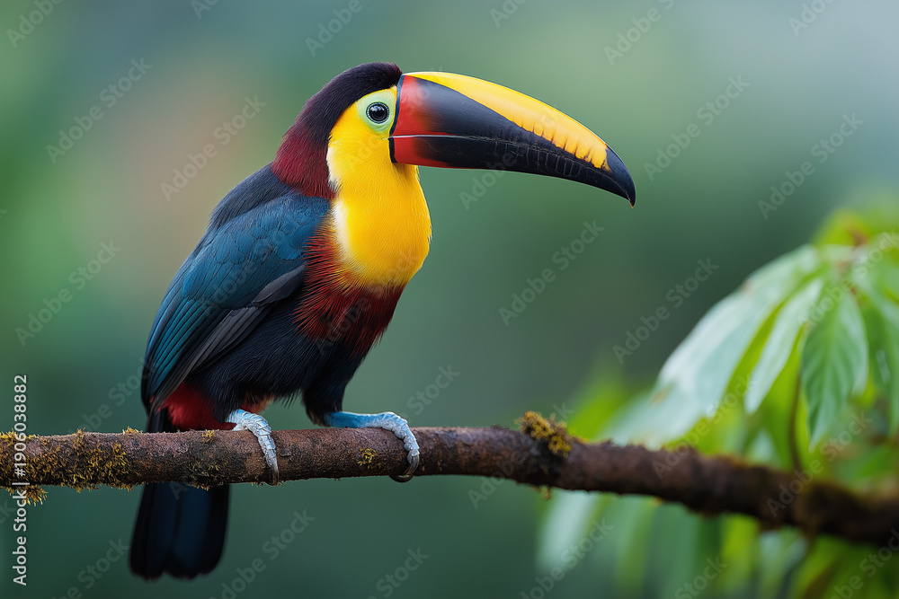 Fototapeta premium Colorful toucan perched on a tropical branch with lush rainforest background