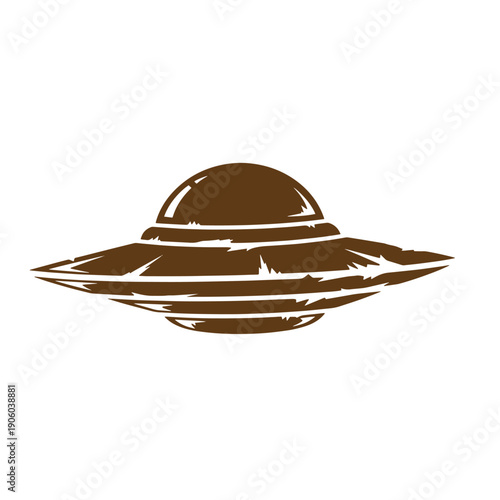 Grunge texture Brown UFO spaceship flying saucer illustration on white background Vintage Style