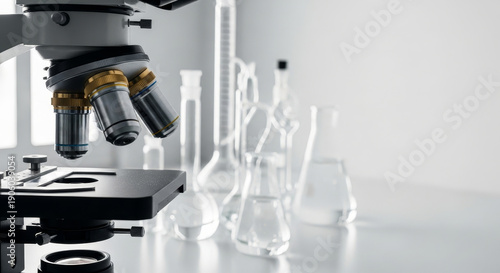 Close up of a microscope in a laboratory, with various glass flasks in background. Concept of scientific research, education, and medical analysis.