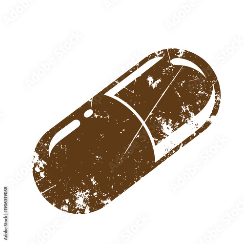 Grunge texture Grungy brown capsule pill icon on white background Vintage Style