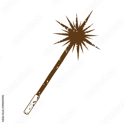 Grunge texture grungy brown cartoon bomb with a fuse and sharp spikes on white background Vintage Style