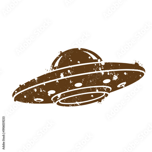 Grunge texture grungy illustration of flying saucer with paint splatters on white background  a distressed spaceship Vintage Style