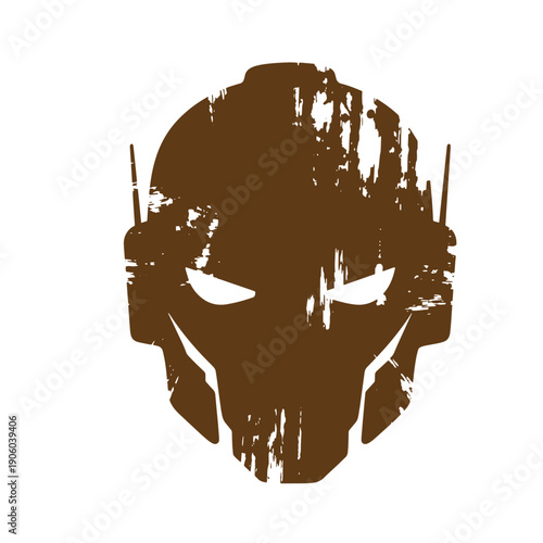 Grunge texture grungy robot head with headphones and menacing gaze on white background  scifi illustration Vintage Style