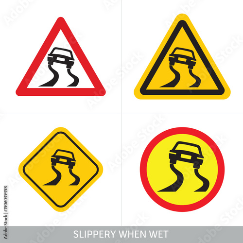 Slippery When Wet Road Sign Vector Set – Car Skidding on Wet Road Warning Icons – Red Triangle, Yellow Diamond Vector Pack