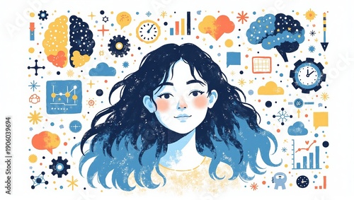 Dreamy woman surrounded by vibrant mind maps and mindful icons