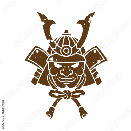 Grunge texture Samurai warrior head with helmet and swords on white background Vintage Style