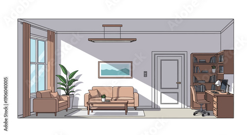 Cozy Living Room Interior with Sofa, Armchair, and Sunlight Streaming Through the Window