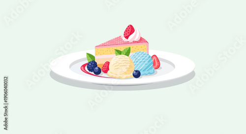 Slice of Strawberry Cake with Vanilla Ice Cream and Fresh Berries on a Plate, isolated white background