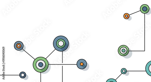 Simple abstract network diagram with interconnected colored circles and lines on a white background.