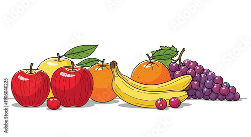 Assorted fresh fruits including apples, oranges, bananas, and grapes.