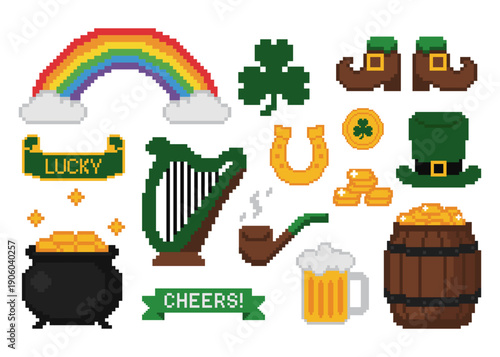 St Patrick’s Day Pixel Art Icon Set 8-Bit Irish Elements Illustration