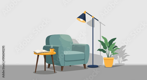 Cozy Living Room Corner with Armchair, Side Table, Floor Lamp, and Green Plant in Bright Studio Background.