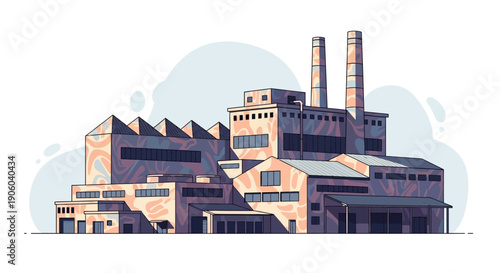 Industrial factory building with smokestacks and modern architecture.