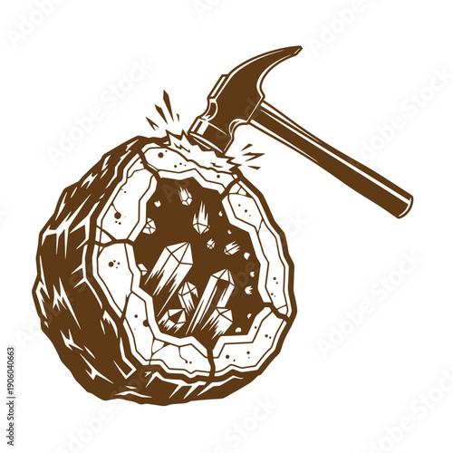 Vintage Grunge Illustration of a geode being cracked open with a hammer revealing crystals inside one geode  minerals