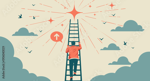 Vector illustration of man climbing ladder to star, reaching goal, success concept with clouds and birds, light beige background