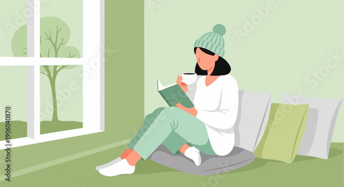 Cozy woman reading book by window, wearing knit hat and pajamas, drinking coffee, green pastel vector illustration