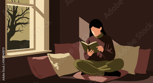 Vector illustration of a woman reading a book on a couch with pillows by a window at night, cozy indoor scene