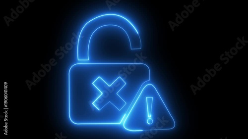 Neon Open Padlock with Warning Sign – Cyber Security Error Alert Concept.  glowing neon blue color lock animation icon security privacy password protection safety animated on black background.