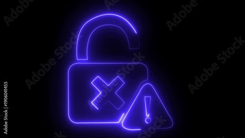 Neon Open Padlock with Warning Sign – Cyber Security Error Alert Concept.  glowing neon blue color lock animation icon security privacy password protection safety animated on black background4k .