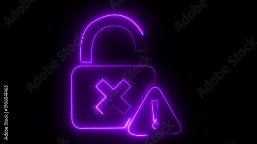 Neon Open Padlock with Warning Sign – Cyber Security Error Alert Concept.  glowing neon blue color lock animation icon security privacy password protection safety animated on black background 4k.