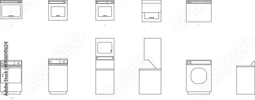 Minimalist outline vector illustration set of home appliances icons, including washing machines, dryers, and ovens in linear style.