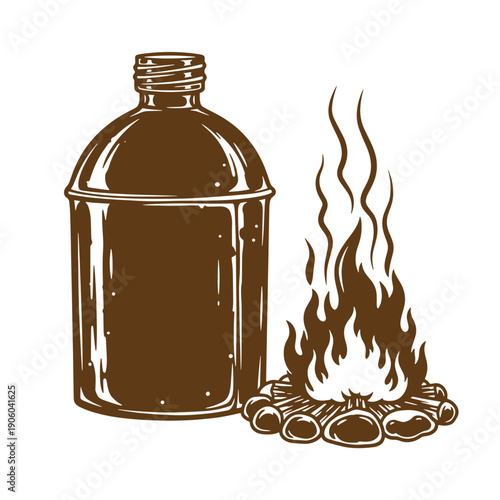 Vintage Grunge Vintage illustration of a canteen next to a campfire on a white background  outdoor adventure and camping concept