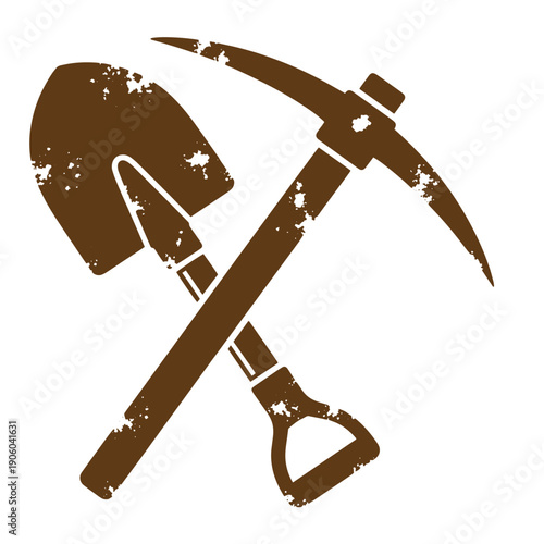 Grunge Grungy pickaxe and shovel crossed over each other on white background Vintage Style