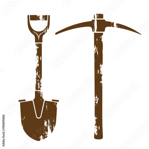 Grunge Grungy shovel and pickaxe icons on white background for mining or gardening themes Vintage Style