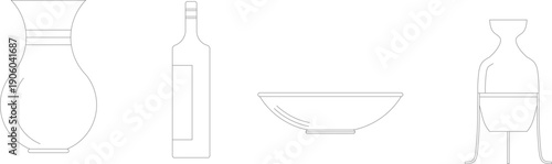Minimalist linear vector illustration set of tableware icons, including a vase, bottle, bowl, and decorative jar.