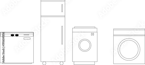 Set of technical vector drawings for architecture and interior design, featuring furniture layouts, electronics, and fireplaces