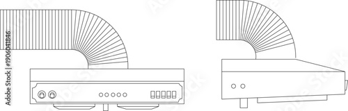 Set of technical vector drawings for architecture and interior design, featuring furniture layouts, electronics, and fireplaces