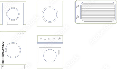 Set of technical vector drawings for architecture and interior design, featuring furniture layouts, electronics, and fireplaces.