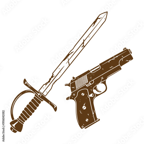 Grunge texture Brown drawing of a pistol and a sword on white background  weapons for selfdefense and combat Vintage Style