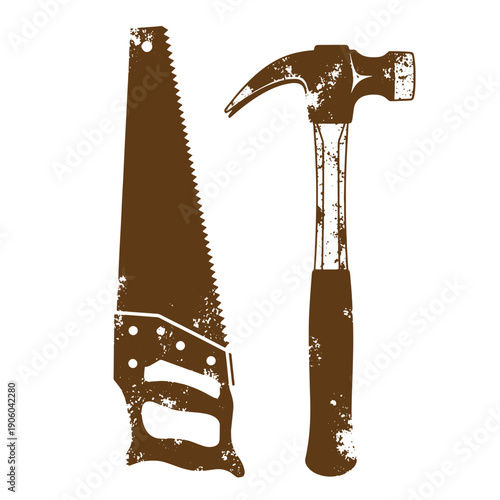 Grunge texture Brown silhouettes of a handsaw and a hammer on white background  hand tools for construction and DIY projects Vintage Style