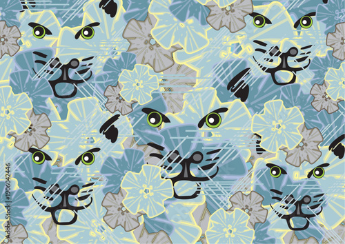 Camouflage backdrop with cat heads and floral motifs. Textured backdrop for fashion trends, business concepts, covers, scrapbooking, interiors, tiles, prints, textiles, fabrics, dynamic posters