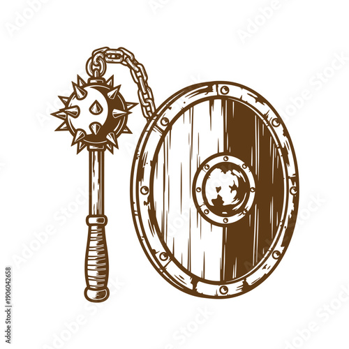 Grunge texture Medieval flail and wooden shield with metal studs and chain  historical weapons for battle and defense Vintage Style
