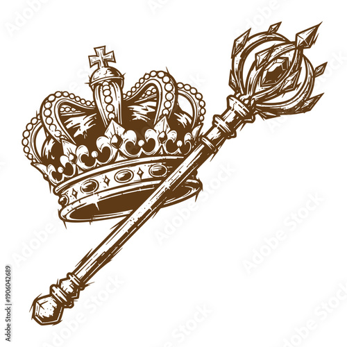 Grunge texture monarchy crown and scepter royal symbols of power and authority in one elegant design Vintage Style