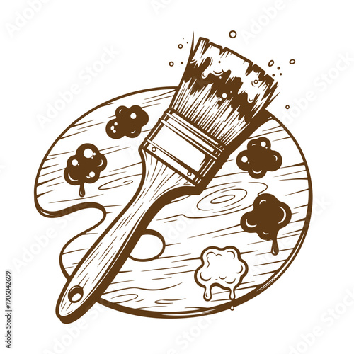 Grunge texture paint brush on a palette with colorful paint blobs  art supplies Vintage Style