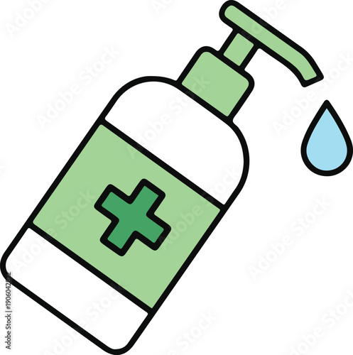 Hand sanitizer bottle with dispensing droplet, medical flat vector illustration