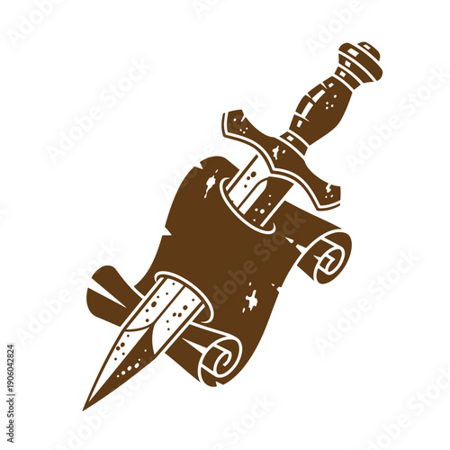 Grunge texture stylized illustration of a dagger with a leather sheath on a white background Vintage Style